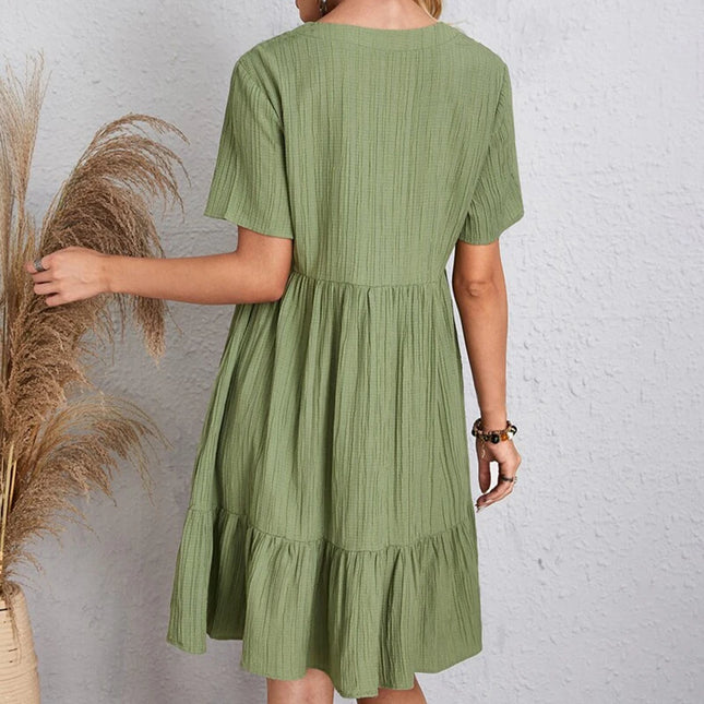 Elegant Short Sleeve V Neck Ruffles Dress