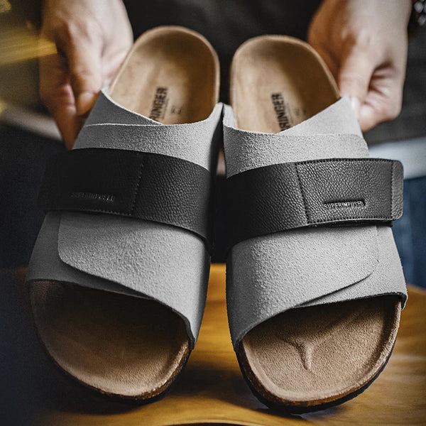 Maden New Casual Color-Block Mules Men's Summer Cork Sole Slide-On Sandals with Hook and Loop Closure Breathable Outdoor Shoes