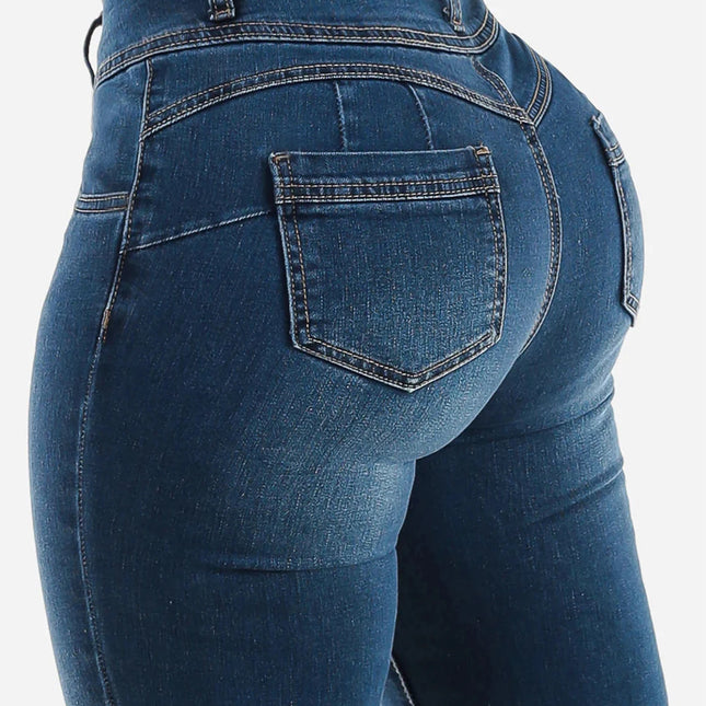 Buttoned zipper opening washable blue high-waisted slimming buttocks-enhancing stylish and sexy mini-flared denim pants