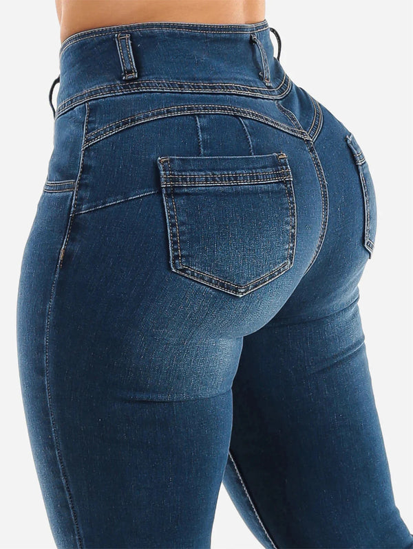 Buttoned zipper opening washable blue high-waisted slimming buttocks-enhancing stylish and sexy mini-flared denim pants