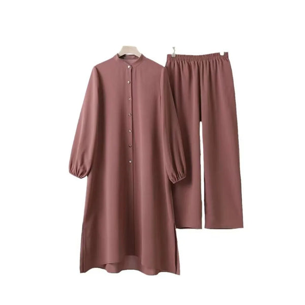 Elegant Shirt and Pants Set with Wide Leg Pants for Muslim Women's Casual Wear Suitable for Office and Daily Wear