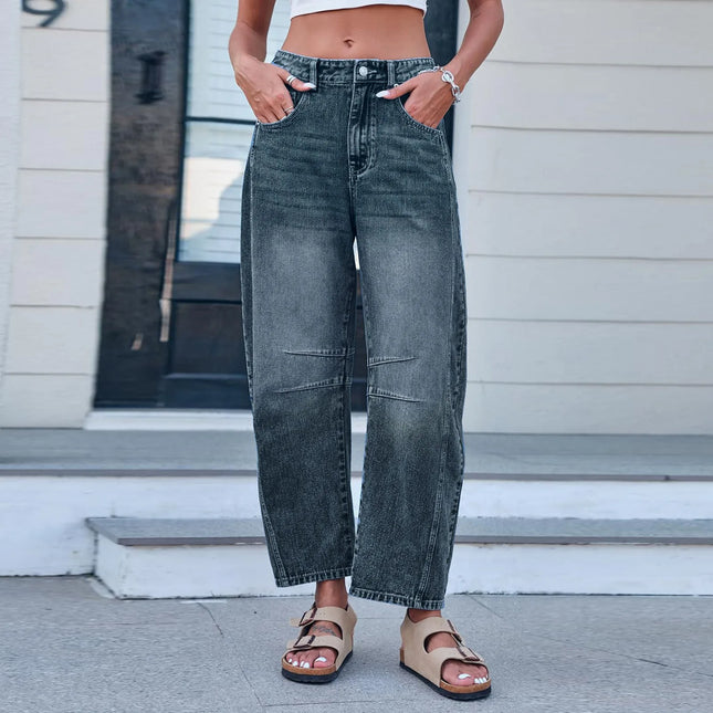 Women Wide Leg Mid Waist Cropped Denim Pants Y2k