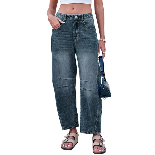 Women Wide Leg Mid Waist Cropped Denim Pants Y2k
